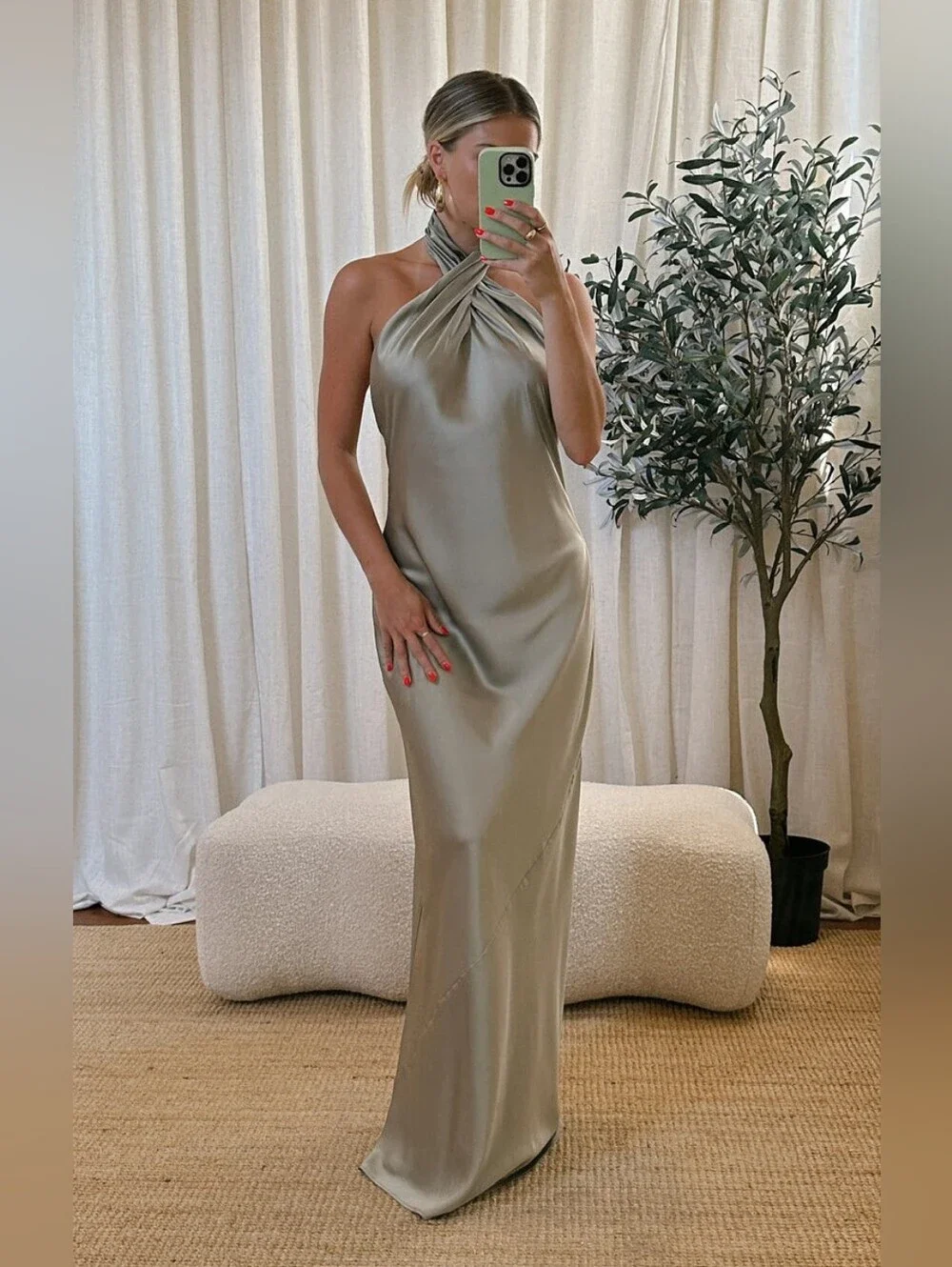 Show Me Your MuMu Jasmine Halter Maxi Moss Green Luxe Satin Dress XS Wedding